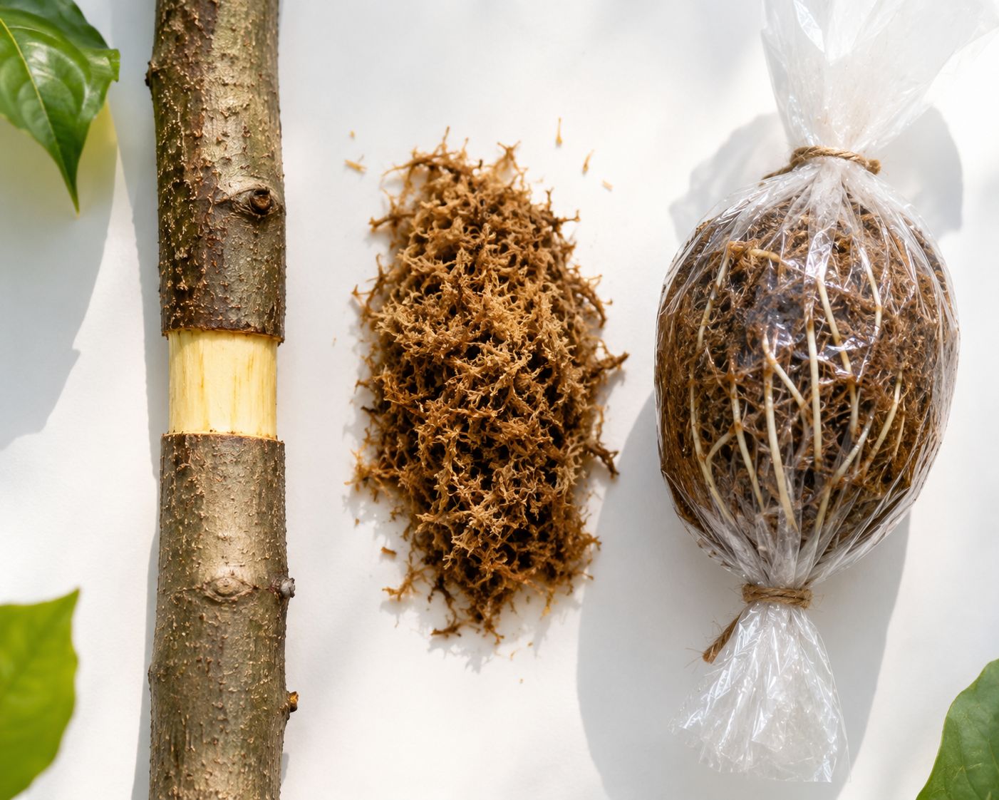 An educational diagram-style photograph showing a branch with three stages visible — the ring of bark removed to expose cambium, sphagnum moss wrapped around it, and the final plastic-wrapped bundle — laid out on a white surface, clean educational photography