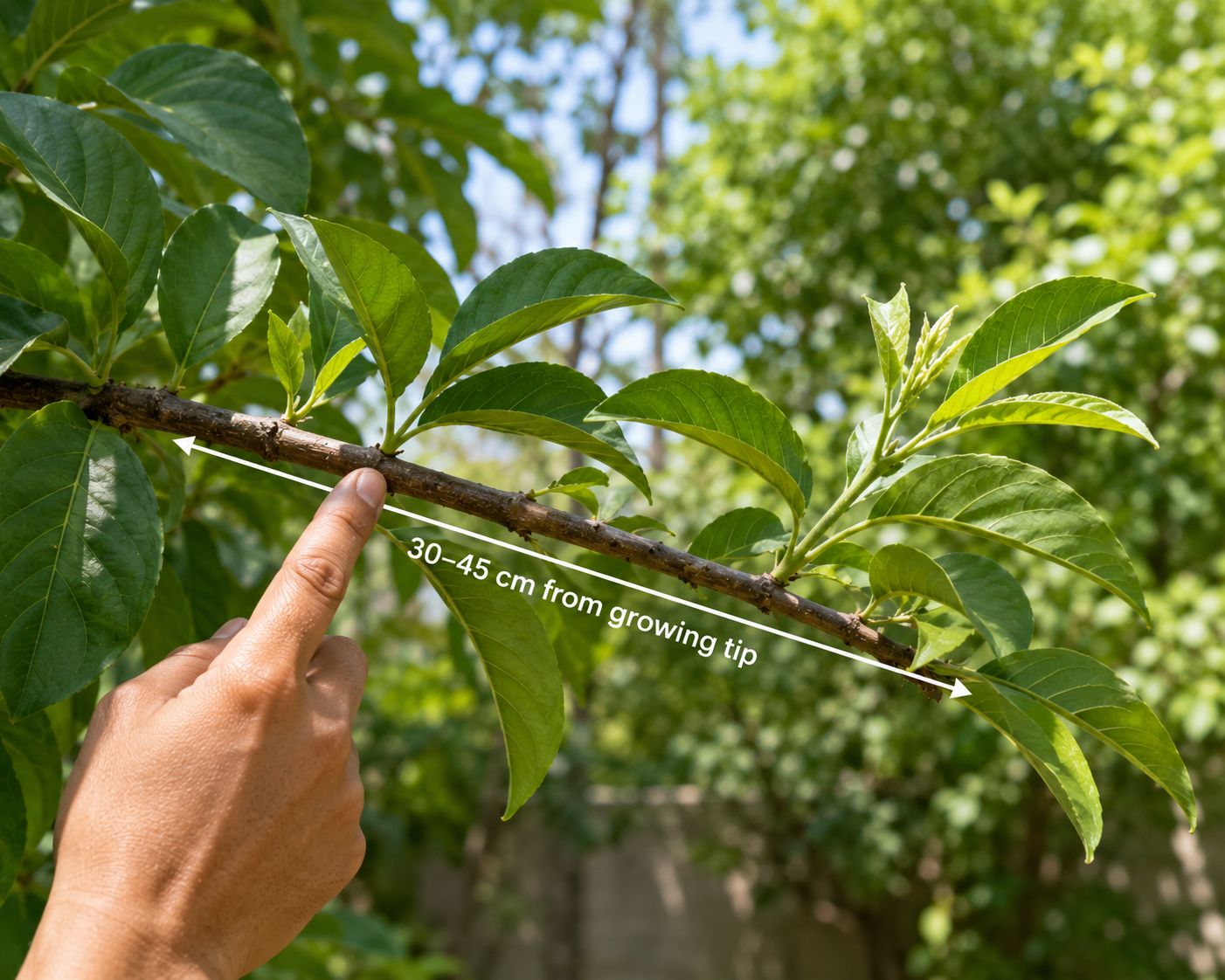 A hand selecting a healthy branch on a tree, pointing to a section approximately 30 to 45 cm from the growing tip, the branch pencil-thick and vigorous, outdoor garden setting, bright natural light, close-up educational photography