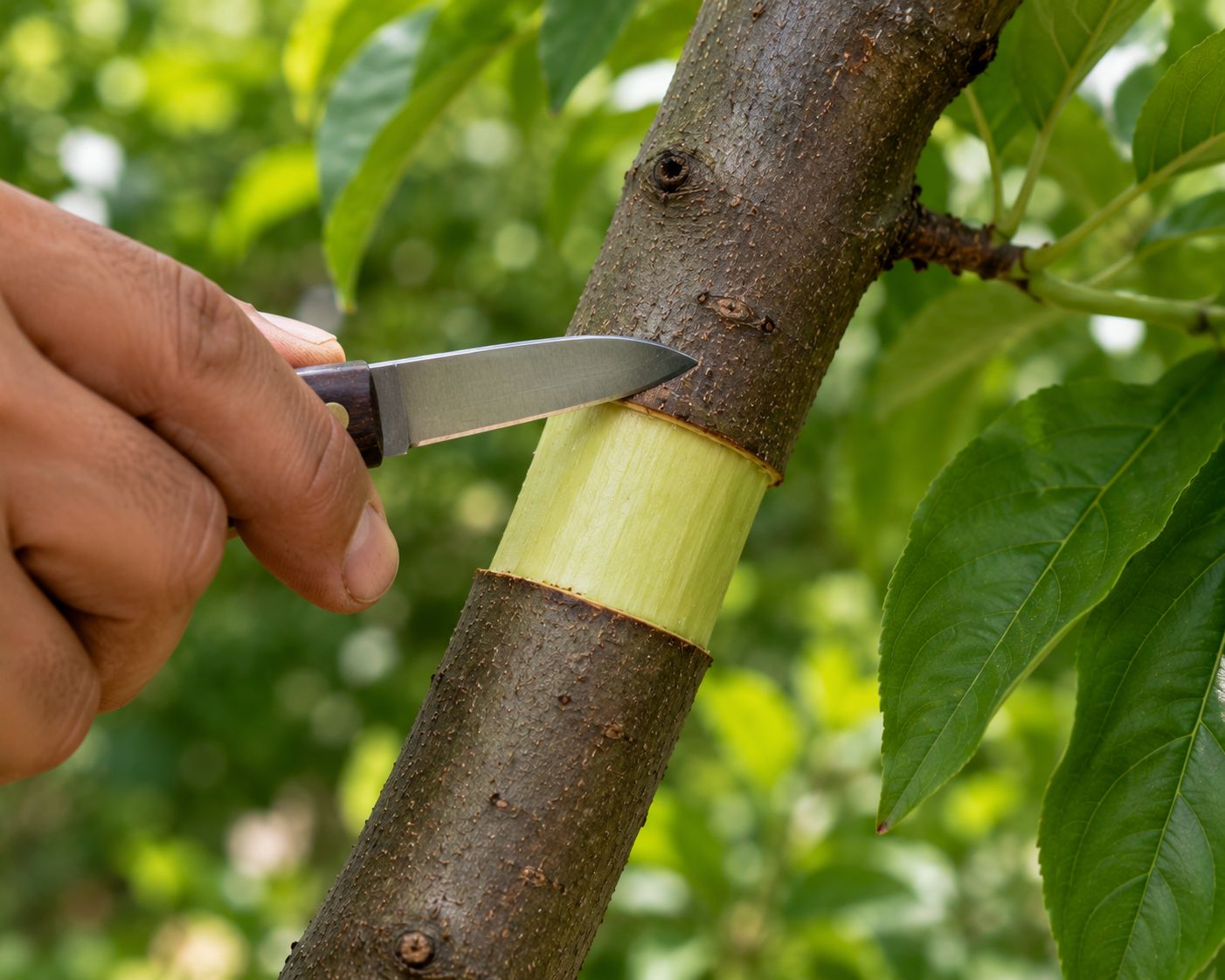 Close-up of a sharp knife making a ring cut around a tree branch, removing a band of bark approximately 4 cm wide to expose the pale green cambium layer beneath, the cut clean and precise, educational lifestyle photography