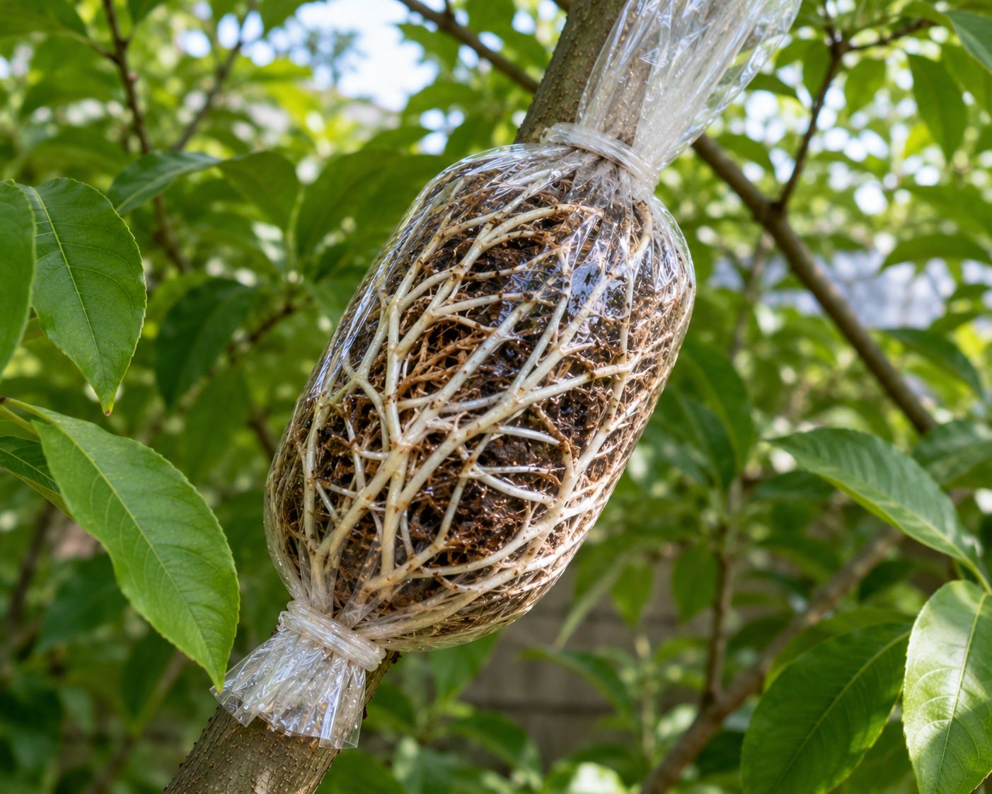 White roots clearly visible pressing against the inside of clear plastic wrap on an air-layered branch, the roots dense and well-developed, parent plant visible in the background, satisfying and hopeful mood, natural outdoor photography