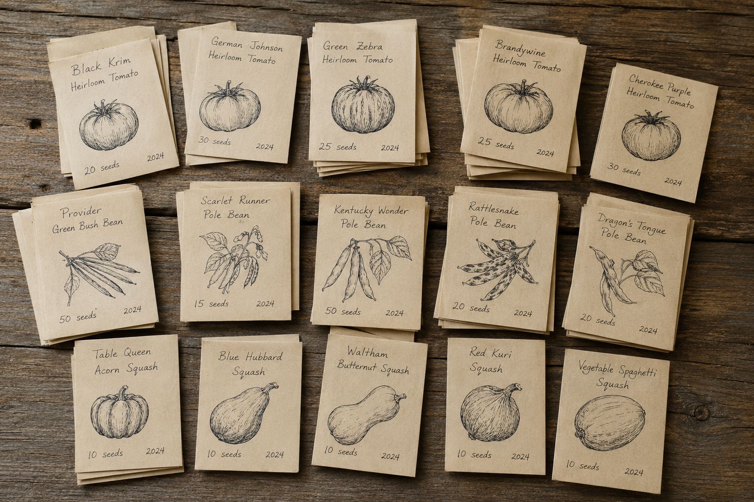 Illustration of hand-labelled seed envelopes for tomato, bean, and squash varieties passed down through generations, warm and documentary style