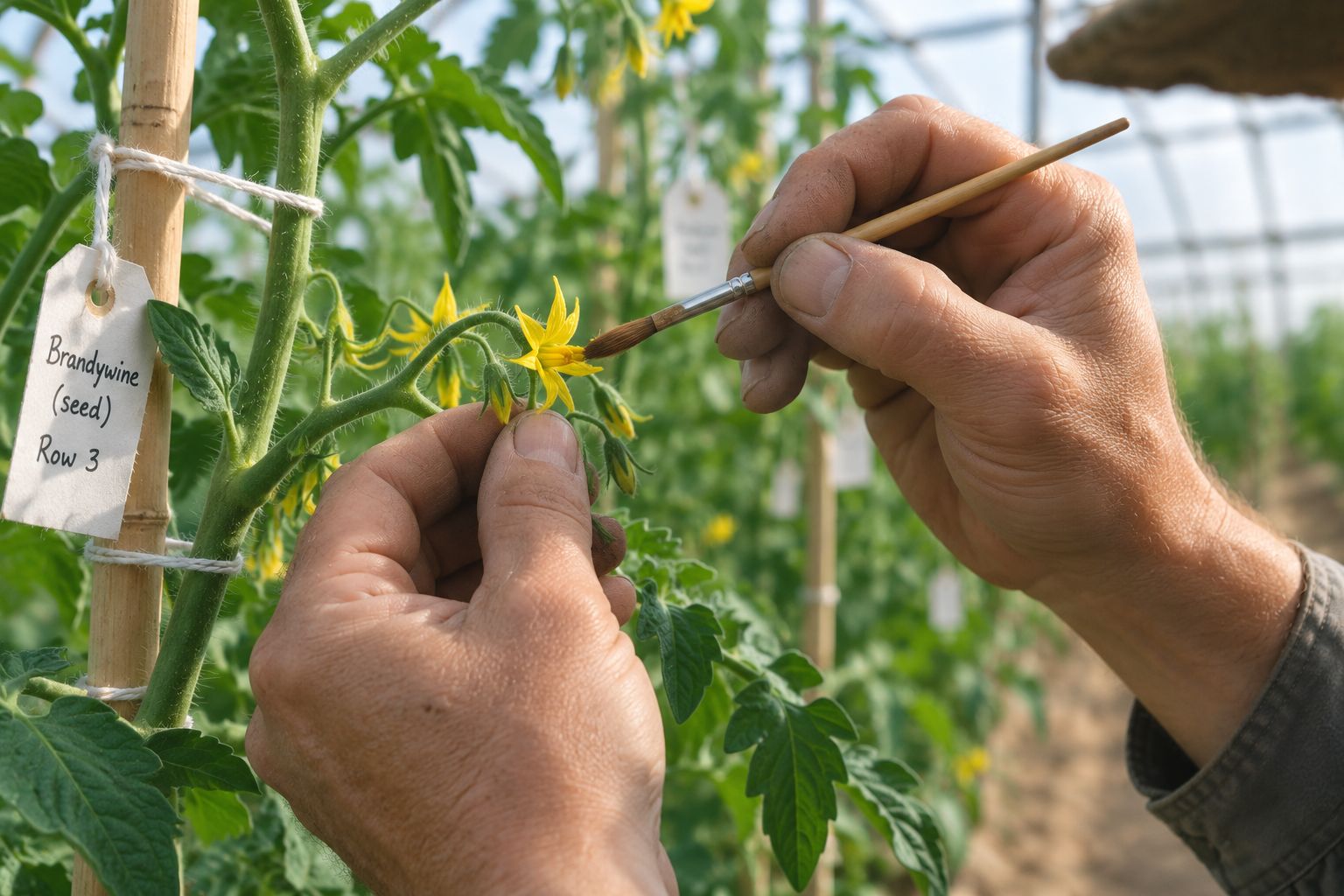 Two tomato plants being hand-pollinated by a grower, side by side rows in a controlled seed production field, natural daylight photography