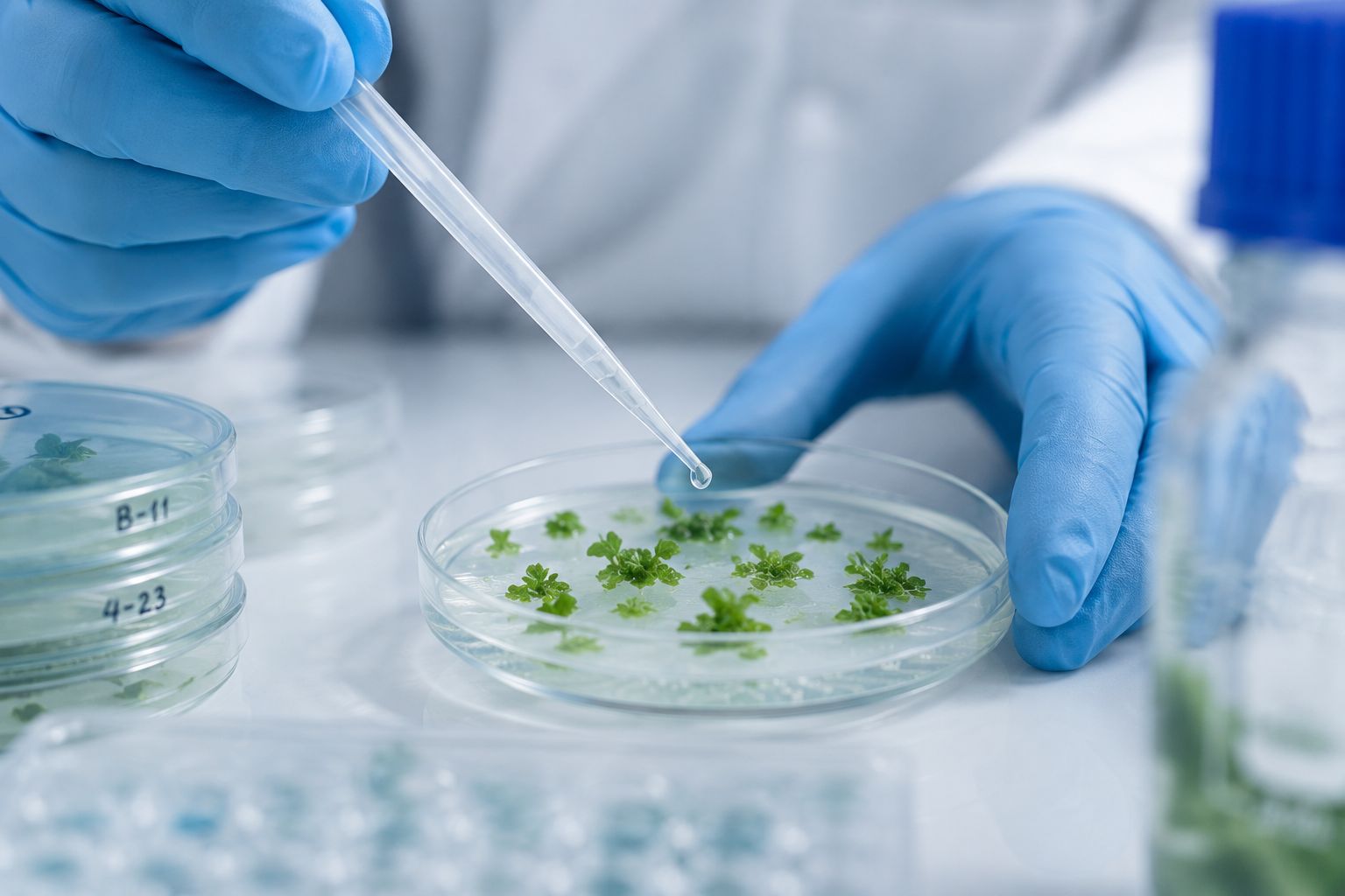 Close-up laboratory image of a scientist using a pipette on a petri dish containing plant tissue samples, clean scientific photography, cool lighting