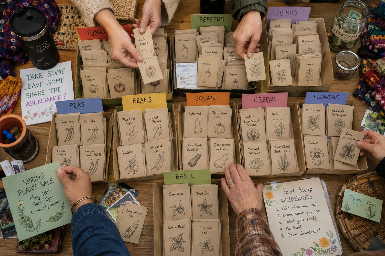 Overhead photo of a seed swap table with dozens of labeled paper packets arranged by crop type, community gathering, natural light