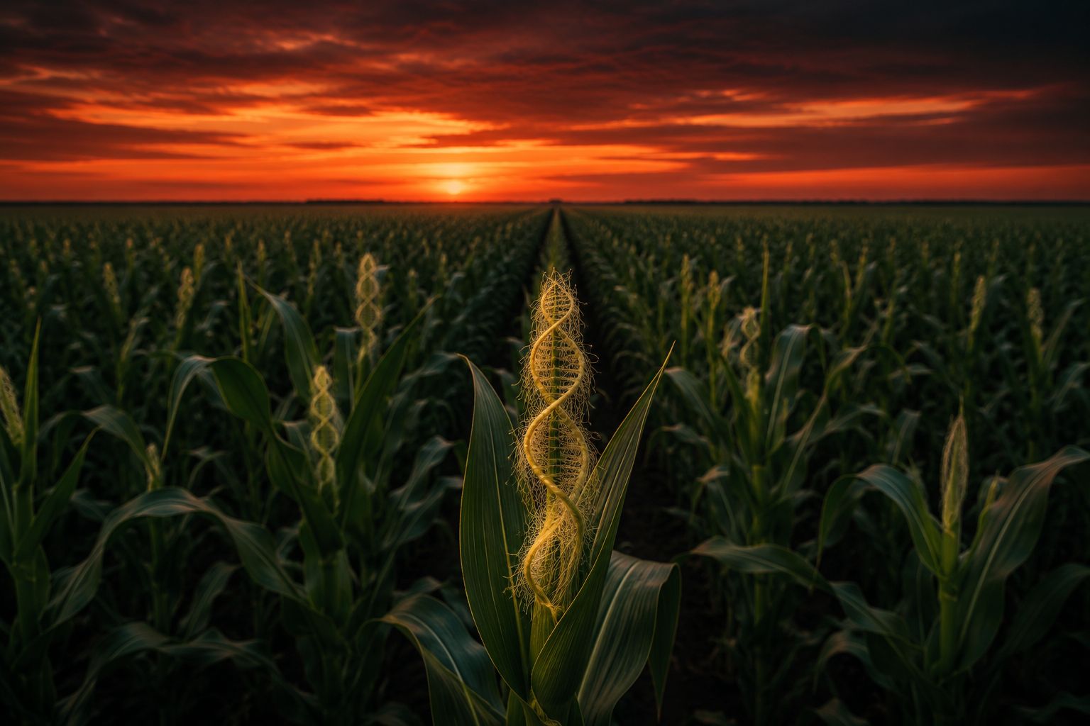 A field of genetically uniform corn stretching to the horizon at dusk, the sky deep amber, a subtle DNA helix pattern suggested in the corn silk of the nearest plant, dark and unsettling, documentary editorial photography