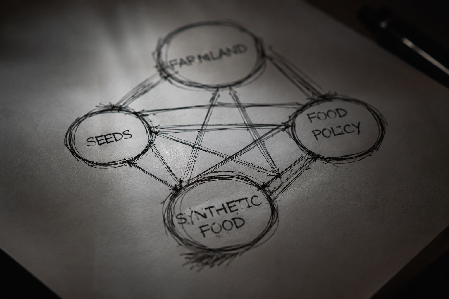 A close-up of interlocking circles drawn on a white surface with connecting lines between labels — Farmland, Seed Patents, Food Policy, Synthetic Food, Population Agenda — suggesting a network rather than coincidence, dark editorial photography