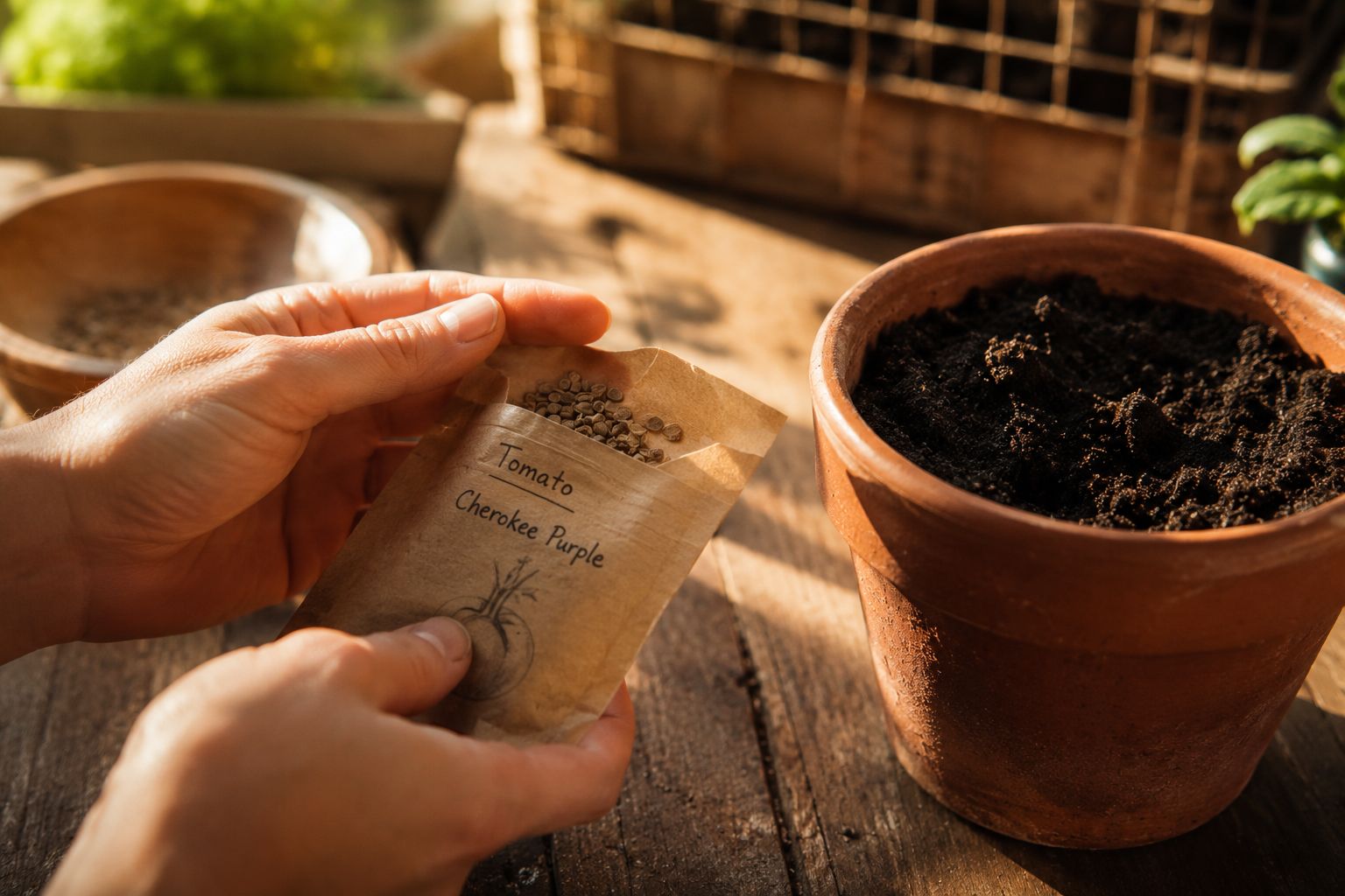 A pair of hands holding a small paper envelope of saved heirloom seeds labelled by hand, beside a terracotta pot of dark fresh soil on a sunlit wooden surface, warm and hopeful, documentary lifestyle photography