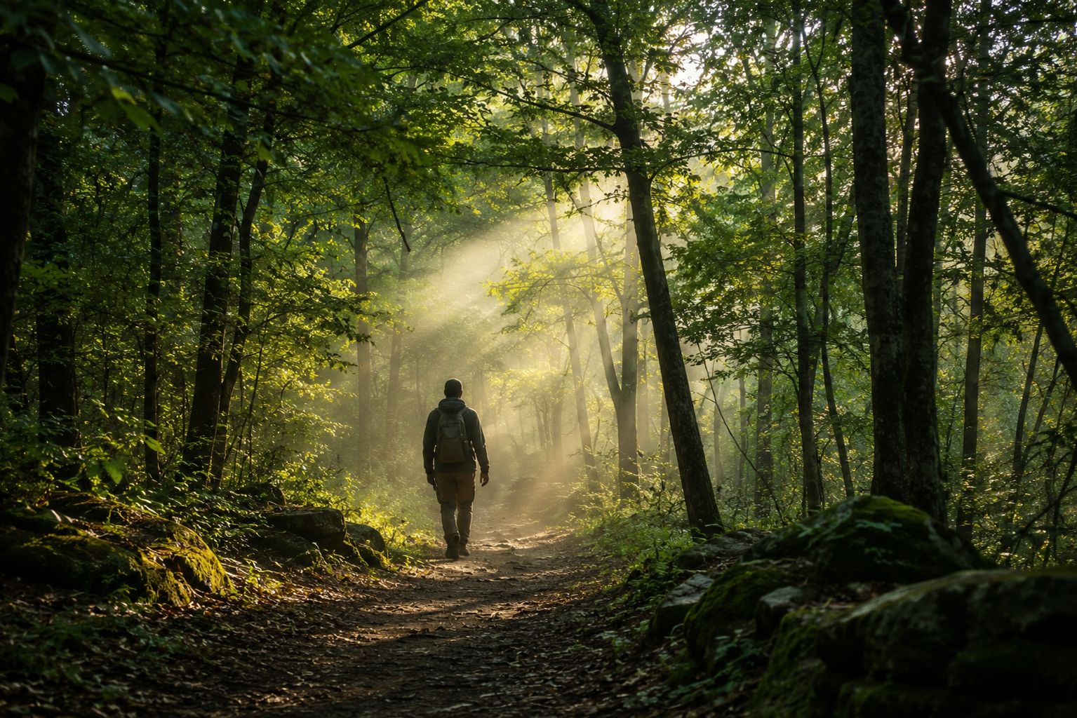 A person walking slowly through a quiet green forest path, soft dappled sunlight through the trees, peaceful and calm mood, documentary photography