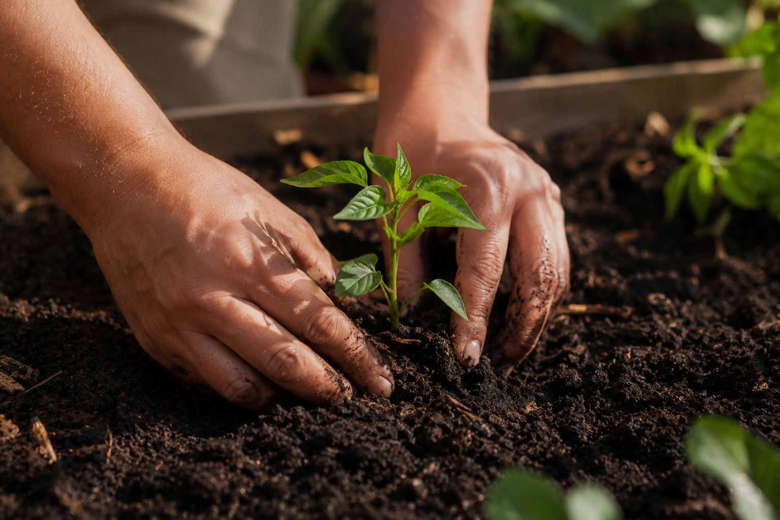 Close-up of hands gently planting a small seedling into dark soil in a home garden bed, warm natural sunlight, calm and grounded feeling, documentary photography