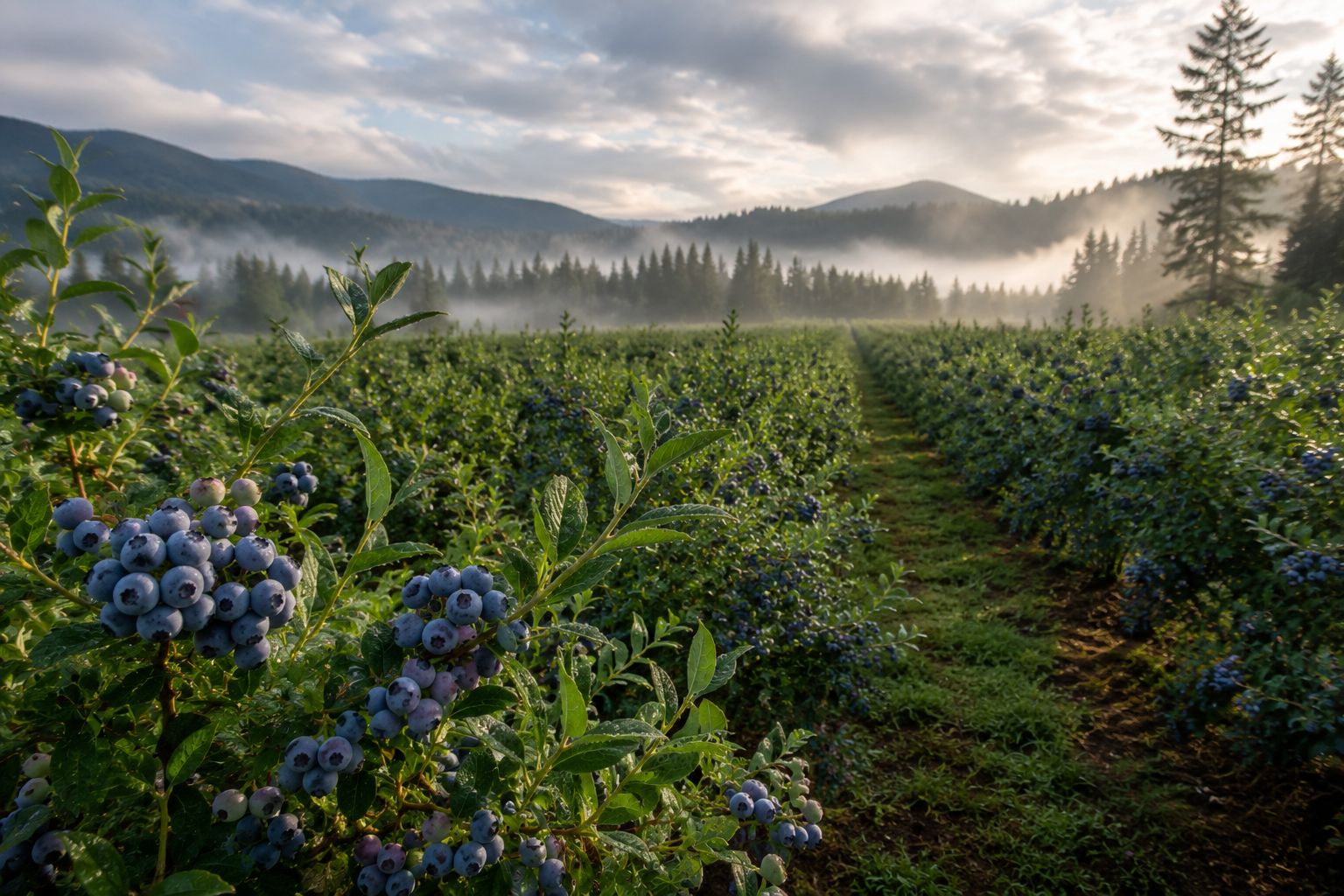 Rows of ripe blueberry bushes heavy with fruit in a misty Pacific Northwest field, soft morning light filtering through low clouds, dew on the leaves, professional agricultural landscape photography