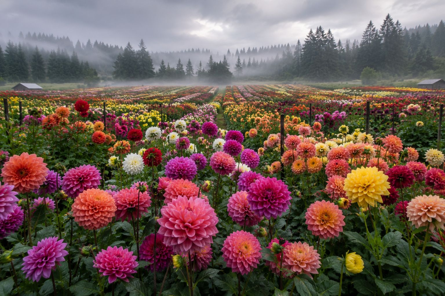 Vibrant field of colorful dahlias in full bloom stretching toward a misty tree line, soft diffused overcast light, rich saturated colors, professional flower-farm landscape photography
