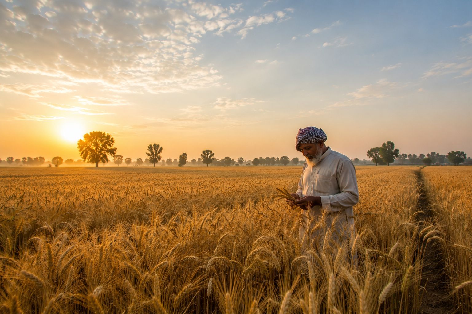 Golden wheat fields stretching to the horizon under a soft winter sky in the Punjab plains, a farmer inspecting the crop at sunrise, warm low-angle light, professional agricultural landscape photography