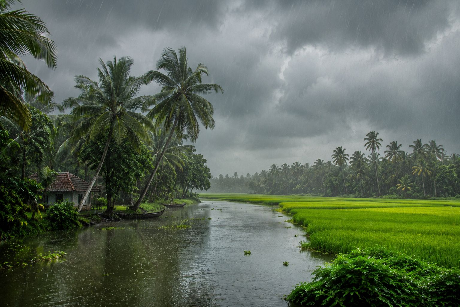 Lush green paddy fields and coconut palms along a Kerala backwater during heavy monsoon rain, dramatic grey clouds, vivid tropical greenery, professional landscape photography