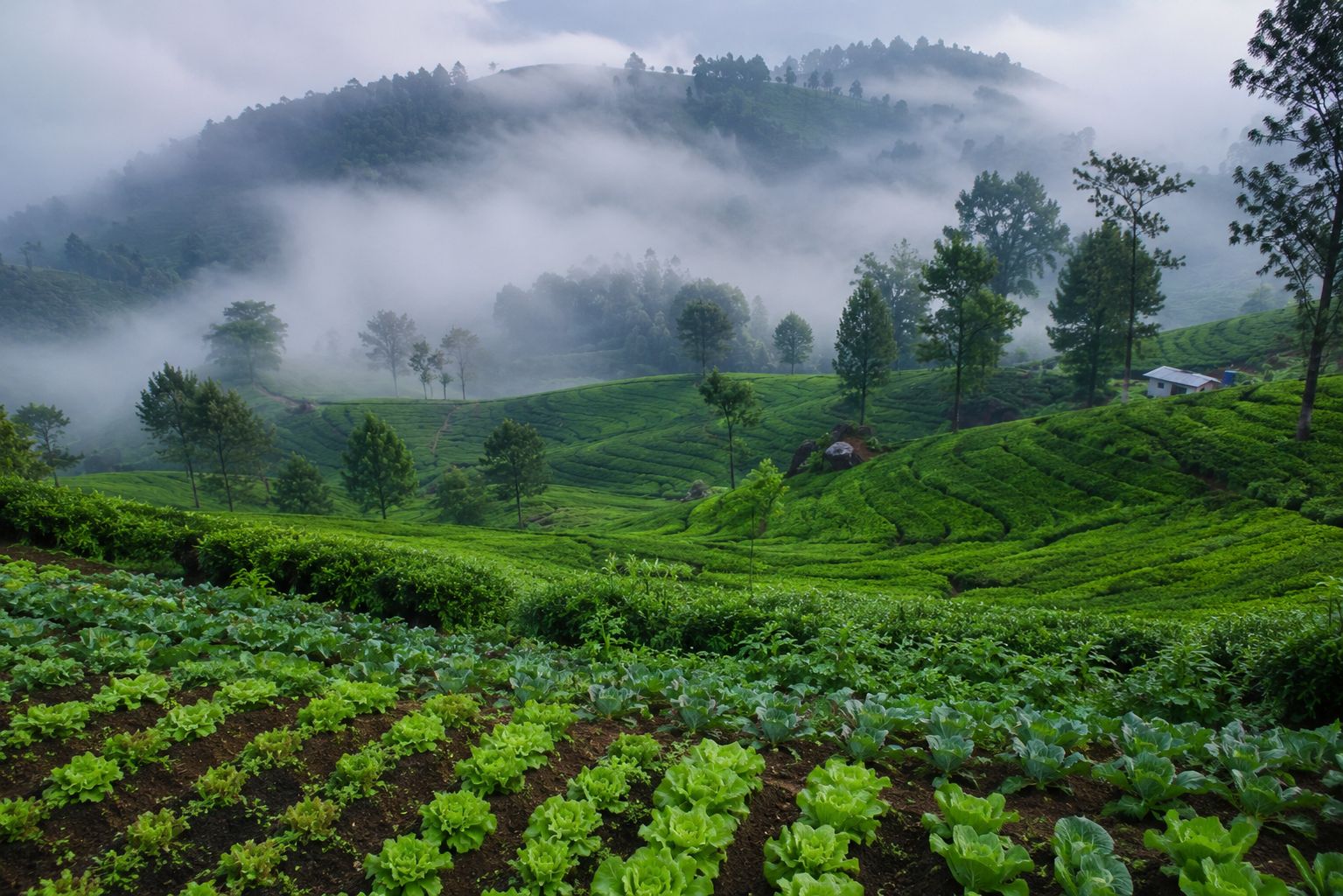 Misty tea plantation terraces in the Sri Lankan highlands with rows of vegetables in the foreground, cool soft morning light, layered green hills fading into fog, professional landscape photography