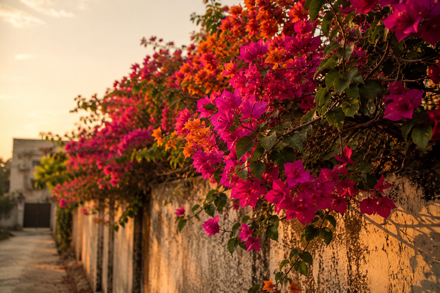 Bougainvillea vine in magenta and orange bloom covering an outdoor wall in golden hour light