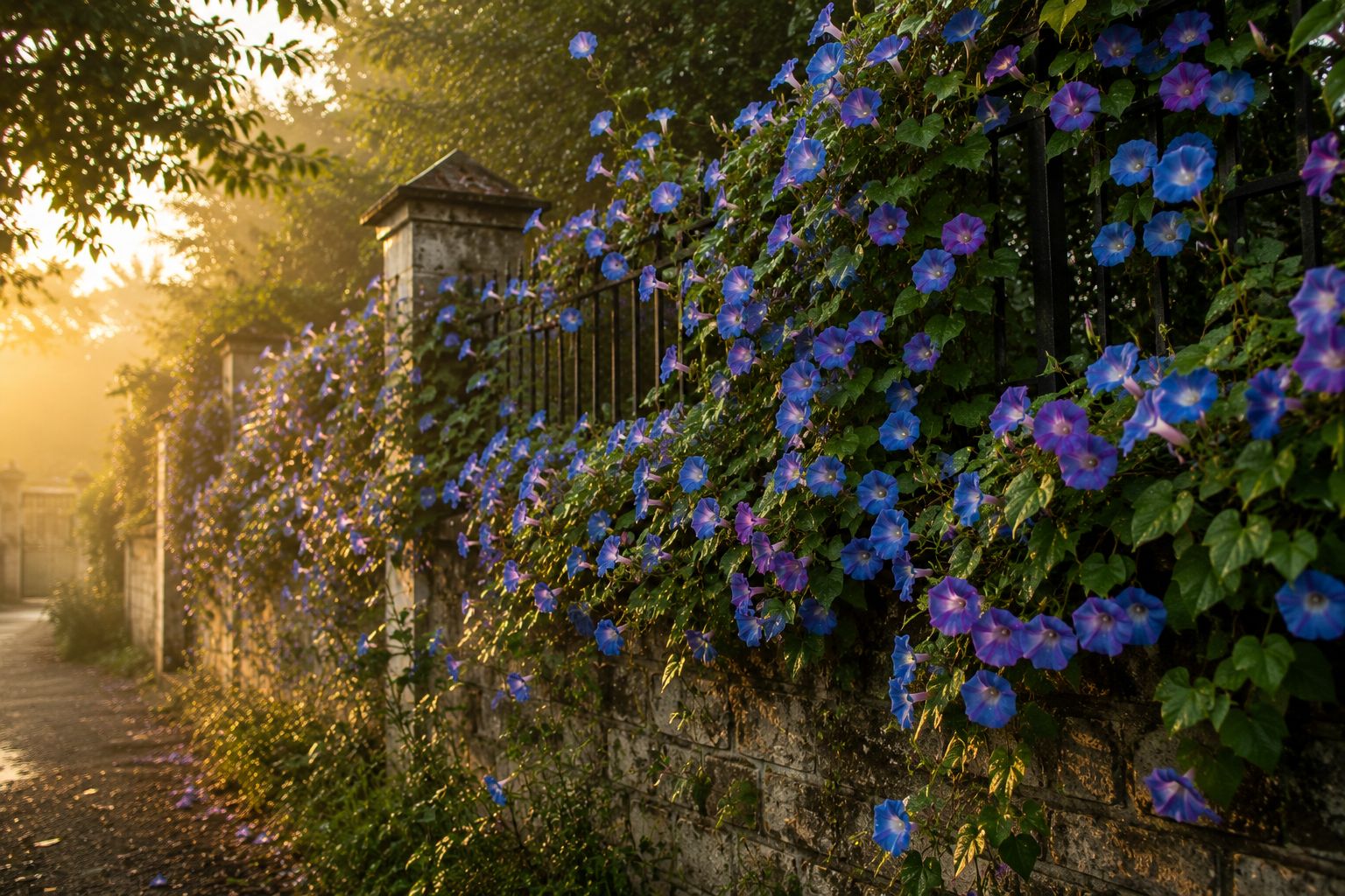 Morning Glory vine with blue and purple trumpet flowers covering a fence in early morning light