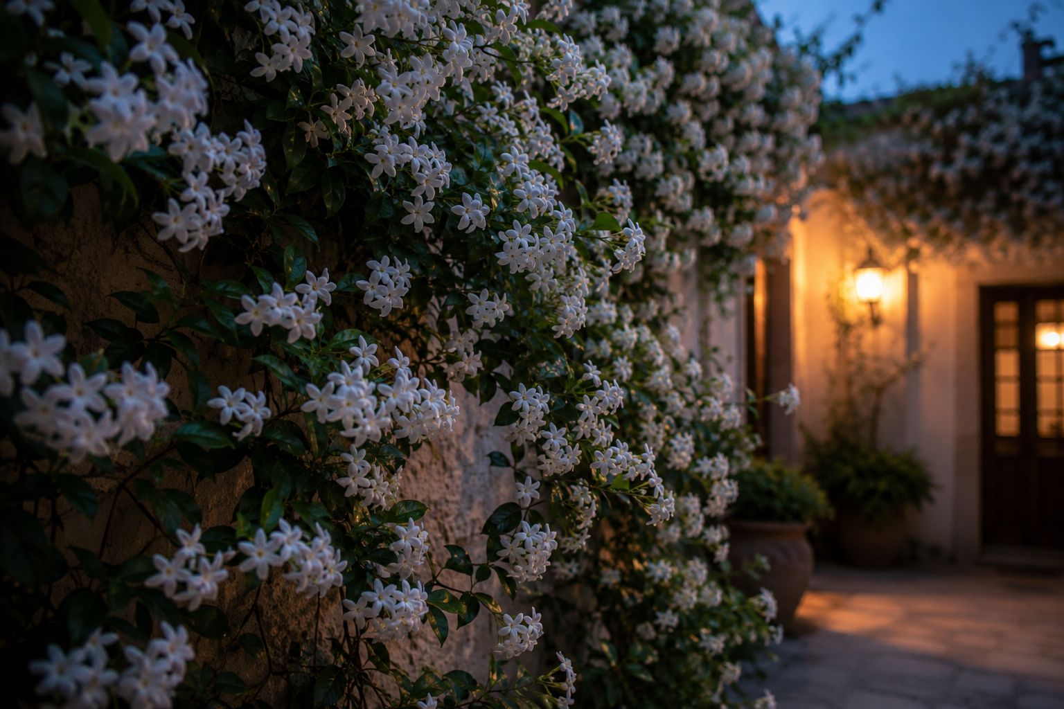 Jasmine vine with white flowers draped over a courtyard wall at dusk