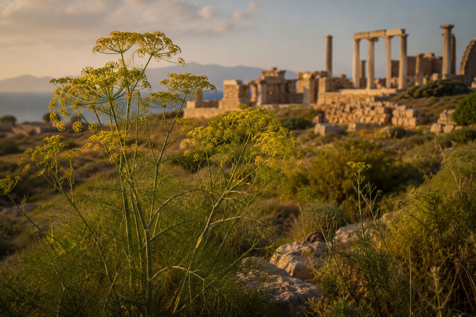 Wild fennel plants with tall feathery green fronds and yellow flower umbels growing on a sunlit Mediterranean hillside, ancient stone ruins visible in the soft-focus background, warm golden hour light, cinematic historical landscape photography