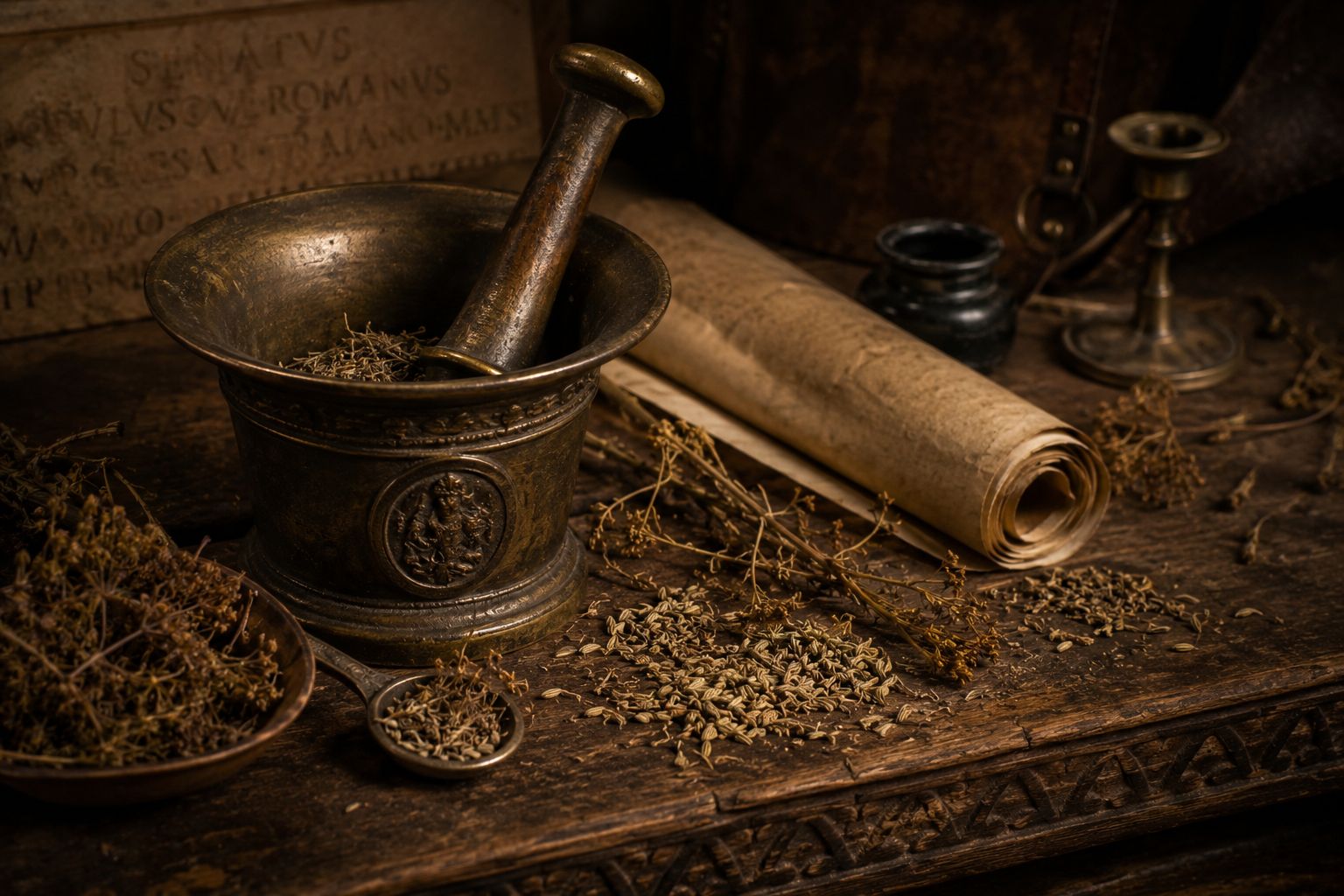 Ancient bronze mortar and pestle with dried herbs and fennel seeds scattered across an old wooden Roman-era writing desk, a rolled parchment scroll beside it, warm dim lighting, historical still-life photography