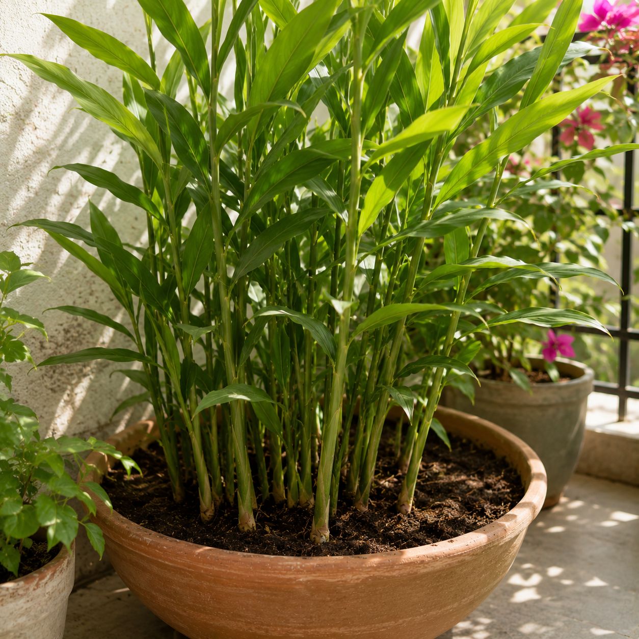 Healthy ginger plant with tall green reed-like stems and broad leaves in a wide pot on a partially shaded balcony