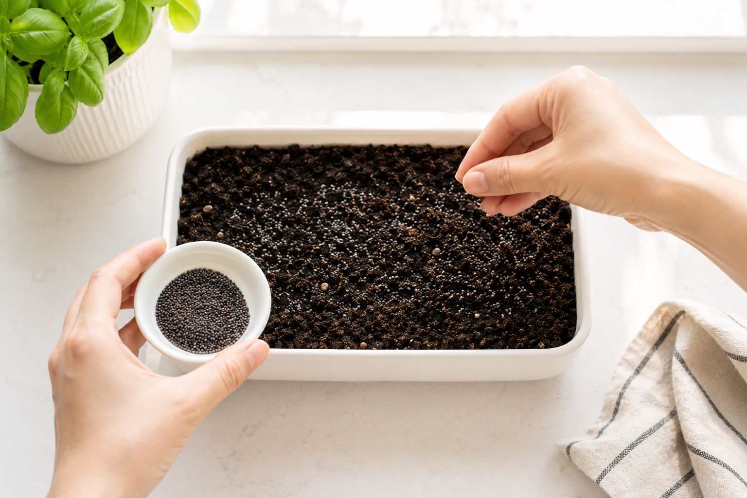 Basil seeds being planted in soil