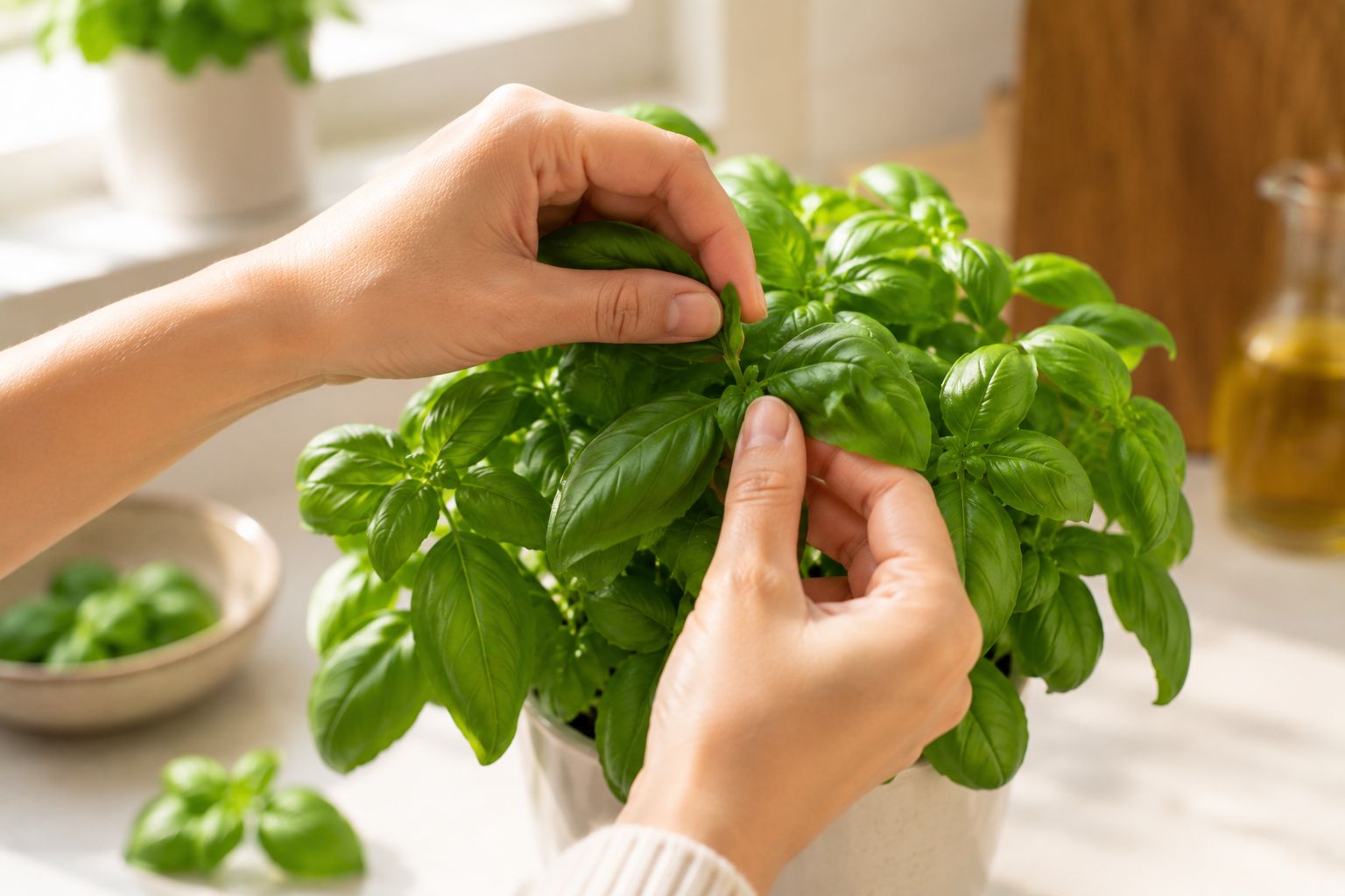 Harvesting fresh basil leaves