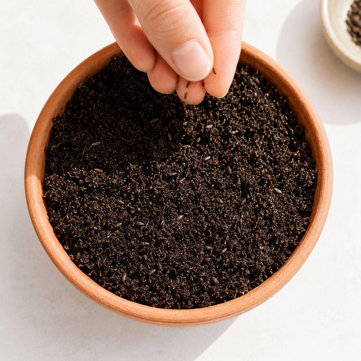 Calliopsis seeds being scattered on soil surface
