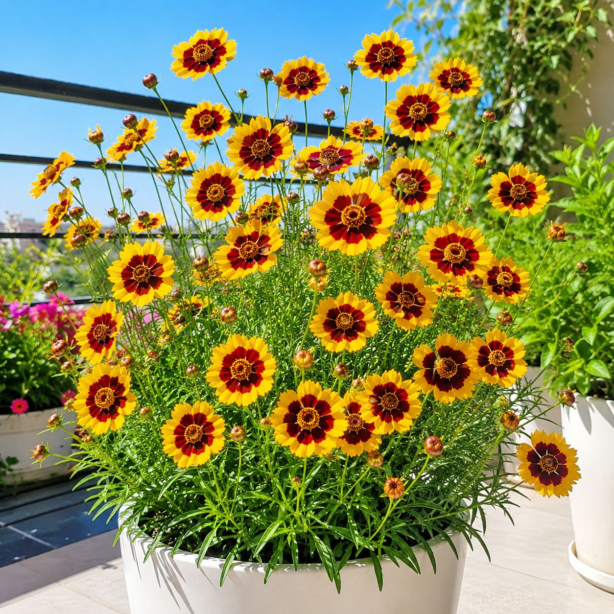 Calliopsis plant in full sun on a bright balcony