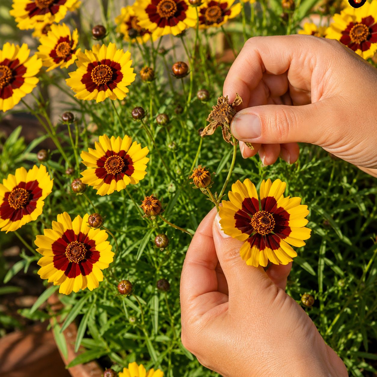 Hands deadheading spent calliopsis flowers to encourage more blooms