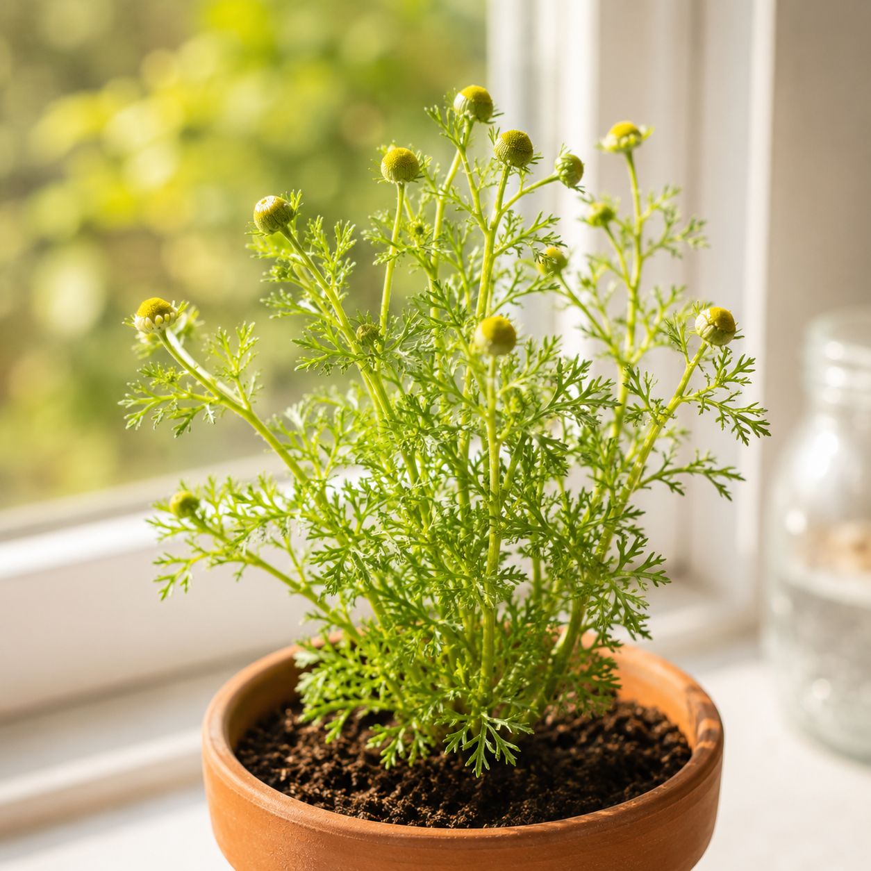 Young chamomile seedlings growing in a pot on a bright windowsill