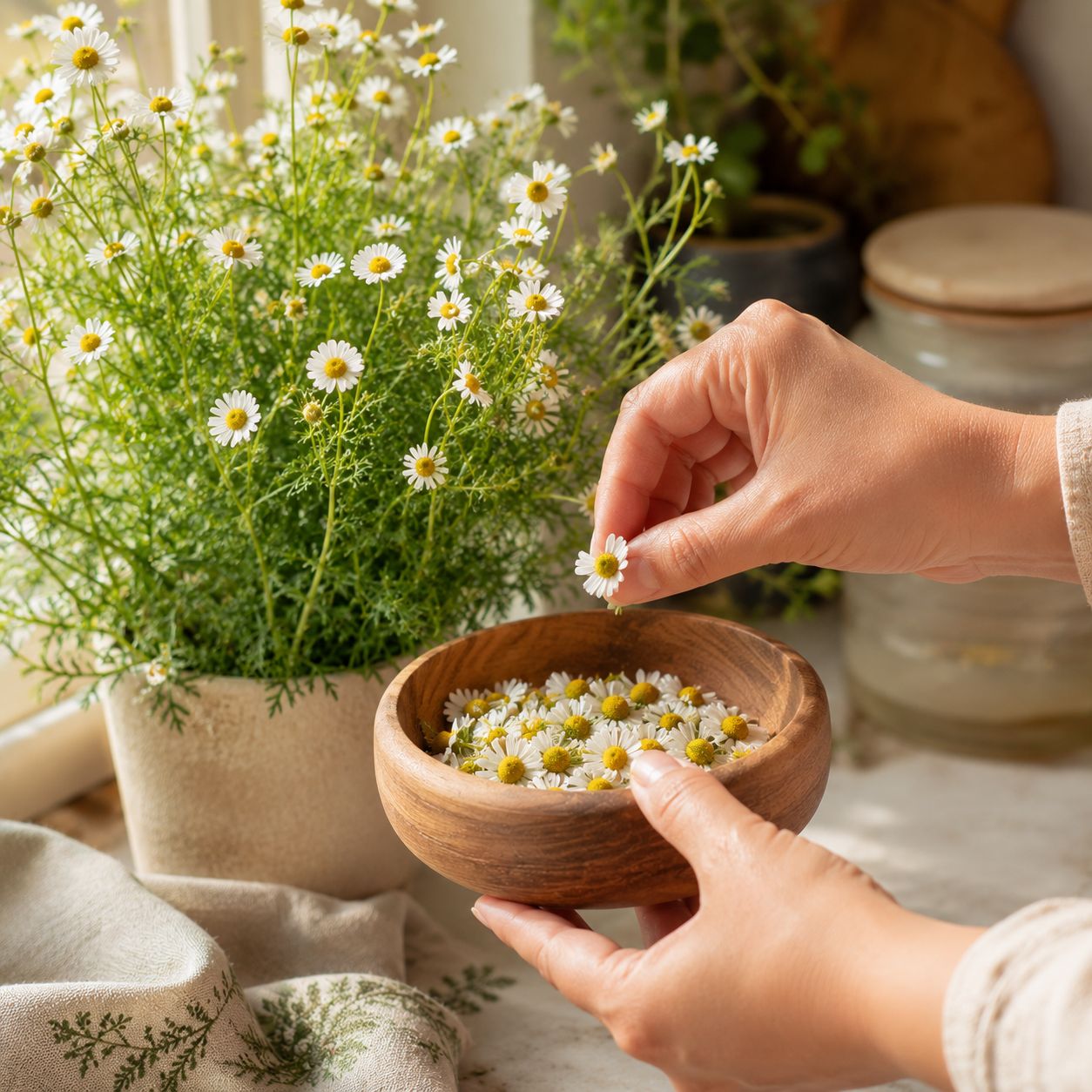Hands harvesting fresh chamomile flowers for tea