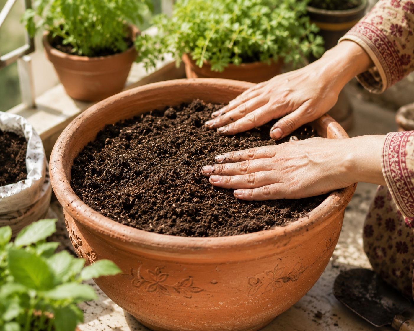 A wide, medium-depth terracotta pot being filled with rich dark potting soil on a sunny balcony