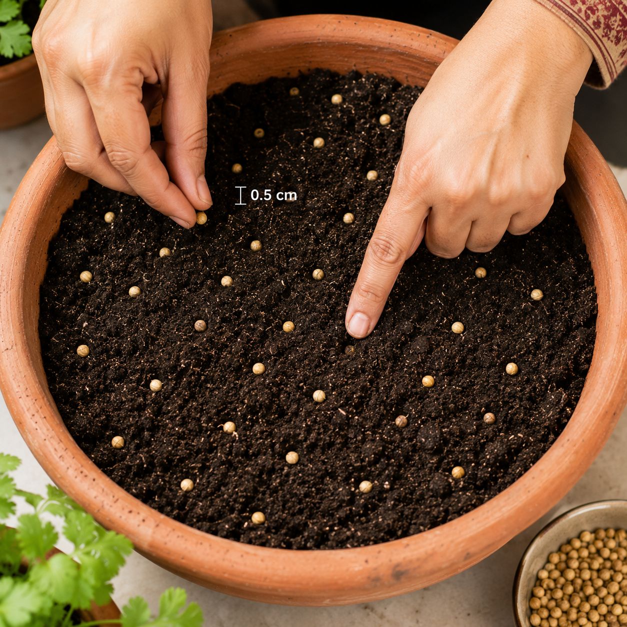 Hands pressing small dhaniya seeds gently into dark potting soil at regular spacing in a wide pot, fingers demonstrating the half-inch depth