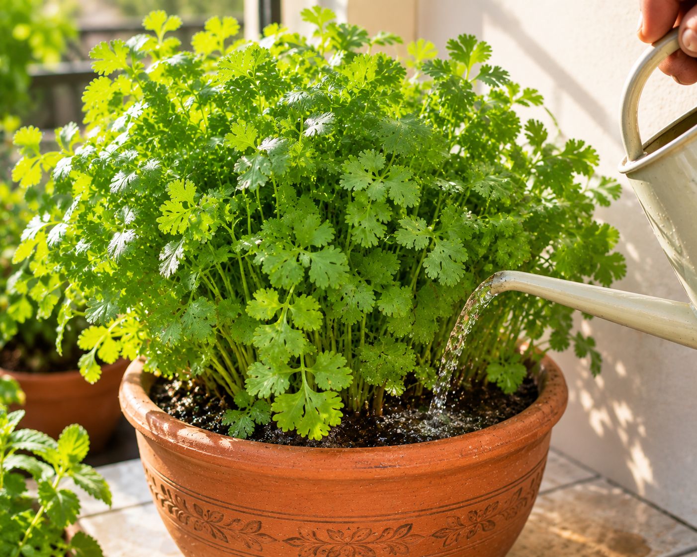 Healthy dense coriander plant with bright green feathery leaves being watered at the base with a long-spout watering can, morning light, lifestyle photography