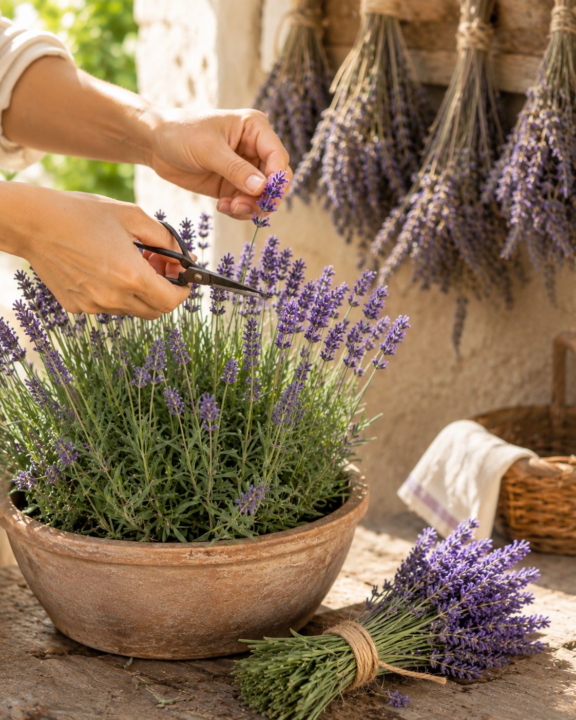 Harvesting lavender flower spikes