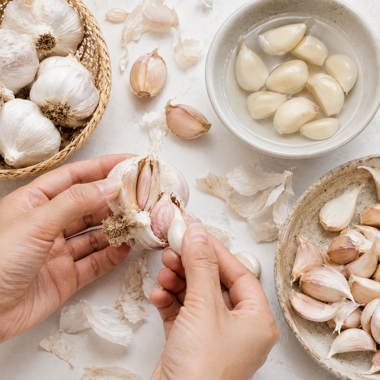 Hands separating a head of garlic into individual cloves on a kitchen surface