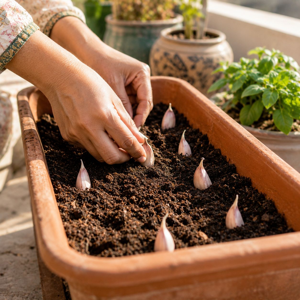Deep rectangular pot being prepared with rich dark soil on a rooftop garden