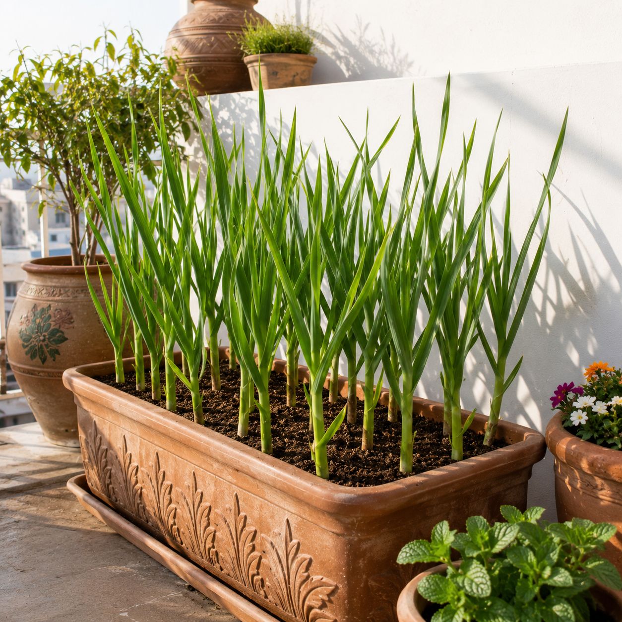 Healthy garlic shoots growing in rows in a pot on a sunny Pakistani balcony in winter