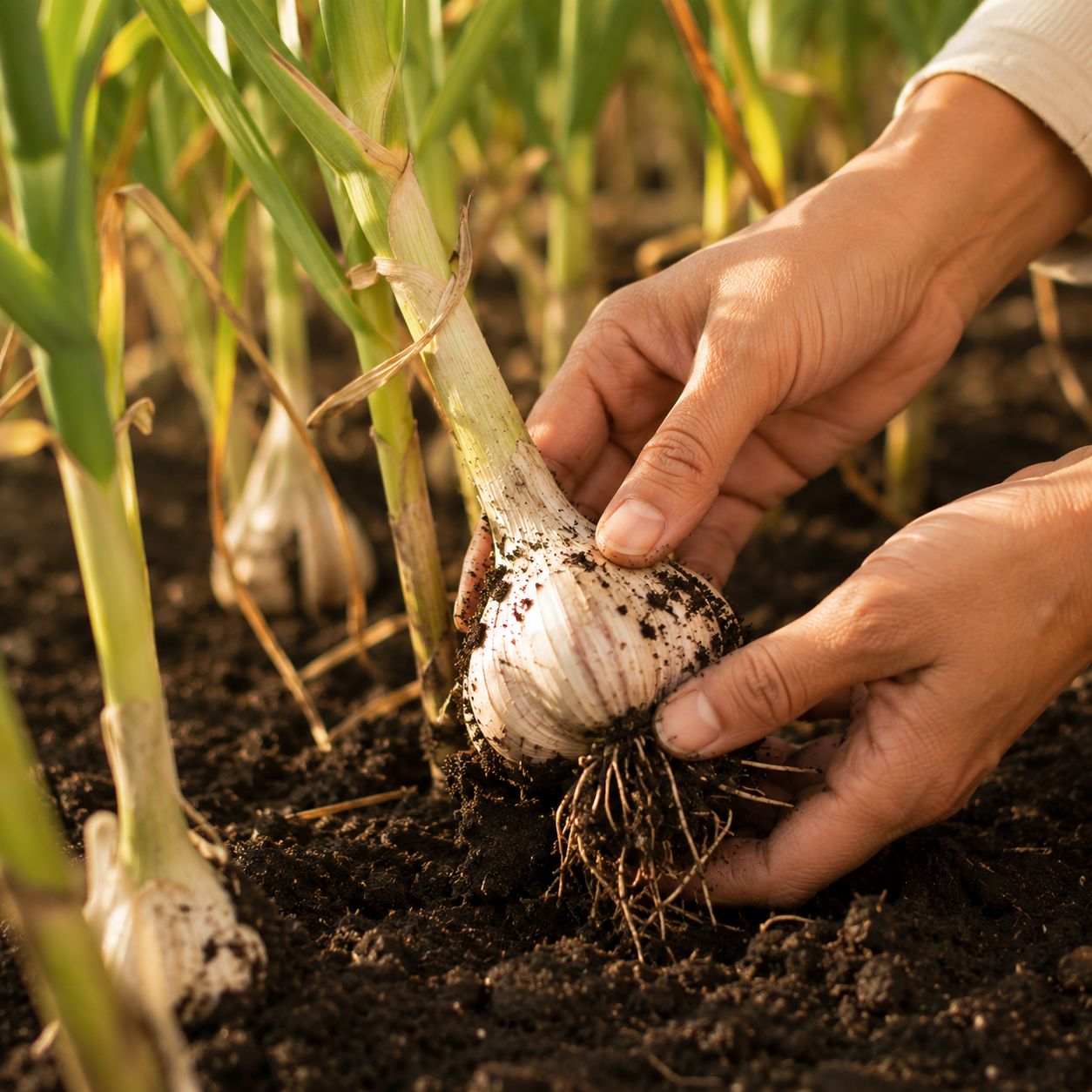 Garlic bulbs being gently lifted from soil with a hand trowel, papery skins just visible