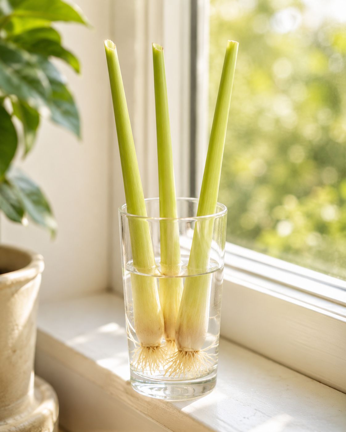 Lemongrass stalks rooting in a glass of water
