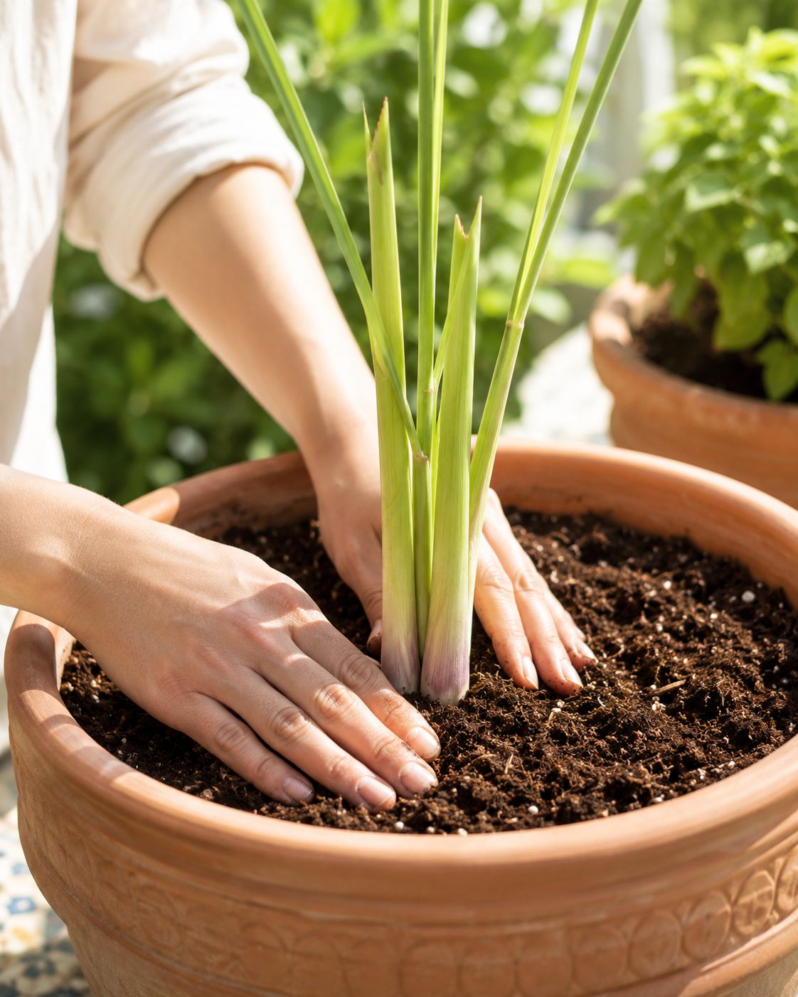 Lemongrass planted in a large pot outdoors