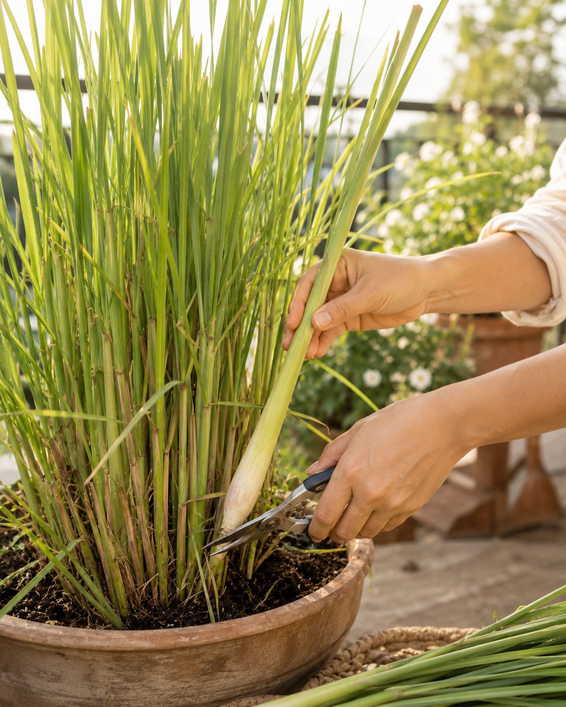 Harvesting fresh lemongrass from a pot