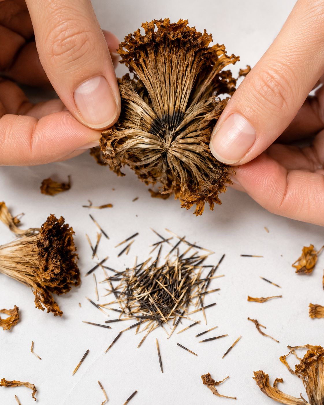 Close-up of dried marigold seed heads being opened by fingers to reveal the long thin dark seeds inside, spread on a white paper surface, bright natural light, top-down lifestyle photography