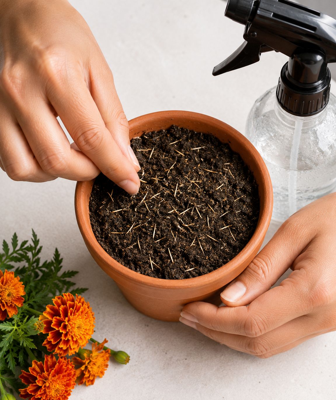 Hands pressing long thin marigold seeds gently into dark potting soil in a terracotta pot, barely covering them with a thin dusting of soil, bright natural light, top-down lifestyle photography