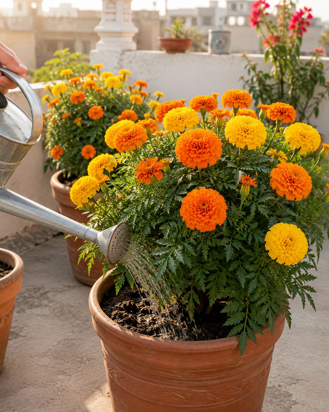 Healthy bushy marigold plants in full bloom being watered at the base with a long-spout watering can on a rooftop garden, multiple orange and yellow flower heads visible, warm morning light