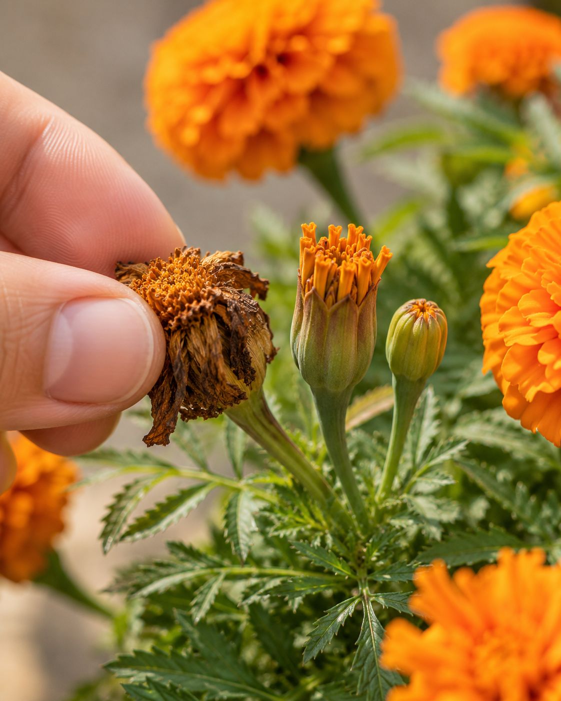 Fingers pinching off a spent, dried-out brown marigold flower head from a plant, fresh new orange buds visible developing behind it, bright natural sunlight, close-up lifestyle photography