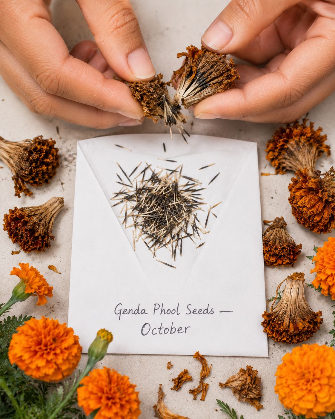 Dried brown marigold flower heads being pulled apart to reveal long dark needle-shaped seeds, spread on a white paper envelope for storage, warm natural light, top-down lifestyle photography