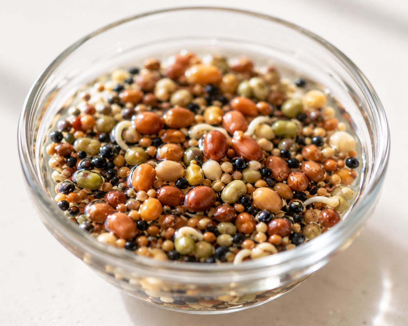 Microgreen seeds soaking in a bowl of water