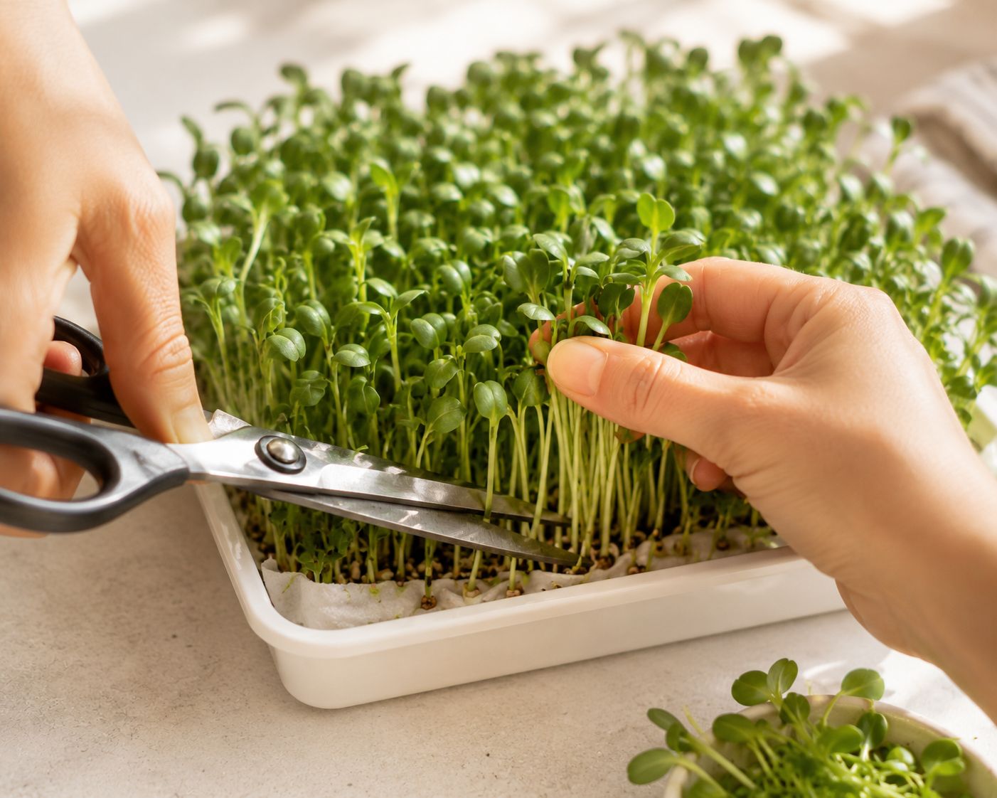 Hands using scissors to harvest fresh microgreens from tray