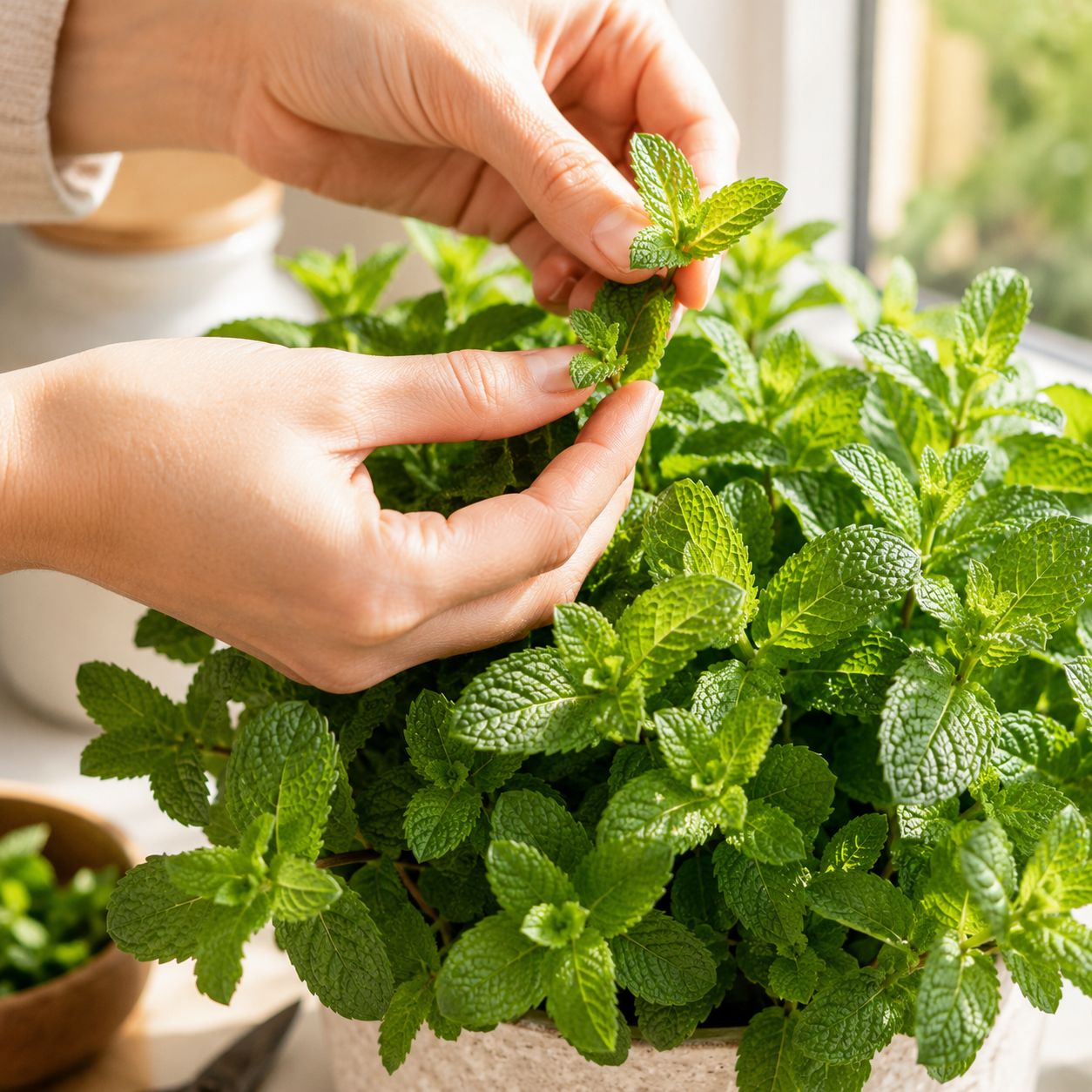 Hands harvesting fresh mint leaves from a full lush pot